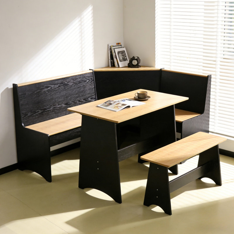 Ensemble de salle à manger de coin-repas en forme de L 3 pièces avec rangement caché, ensemble de table de coin et de banc en bois moderne pour petits espaces et cuisine, naturel et noir