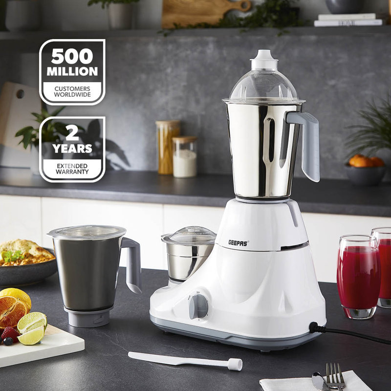 GEEPAS 750W 3-in-1 Mixer Grinder | Stainless Steel Jars & Blades | 3 Speed Control, Perfect for Chutney, Dry & Wet Fine Grinding Mixing | Overload Protection | Powerful Motor | 2 Year Warranty, Red