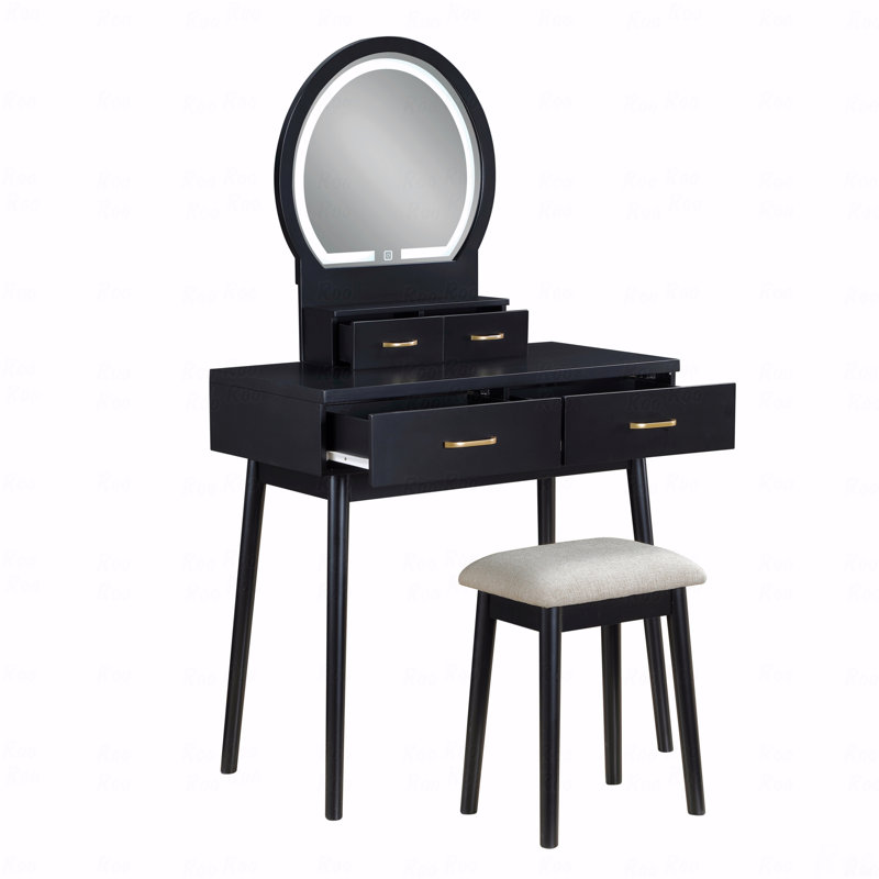 Beautiful Vanity Dresser With Mirror And Stool Set Storage Drawers Luxury Furniture 1Pc Led Mirror, Black