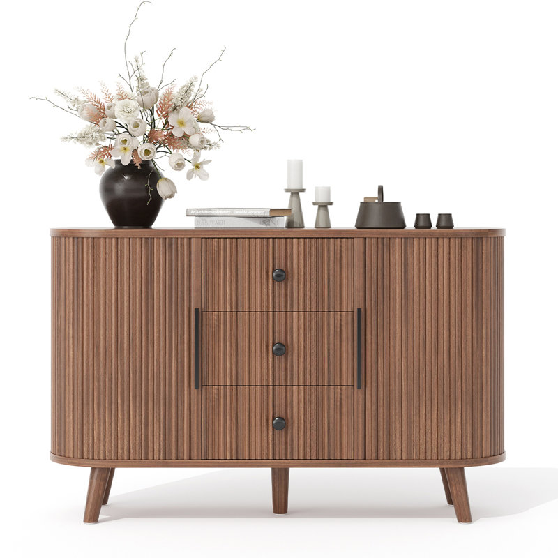 Sideboard Buffet Cabinet with 2 Sliding Tambour Doors and 3 Drawers, Walnut