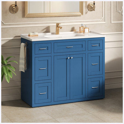 48" Freestanding Bathroom Vanity with Ceramic Sink, 6 Drawers (3 Each Side), Center Flip-Out Drawer, Soft-Close Double Doors, Reversible Towel Rack, Navy Blue, MDF