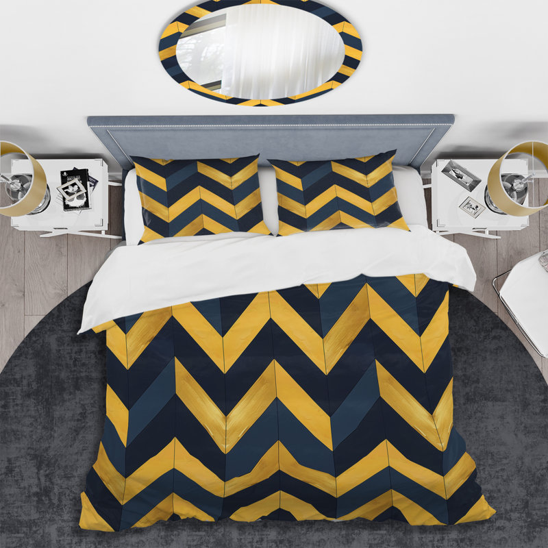 Ensemble de housse de couette moderne bleu et jaune à motif de chevrons glamour IV, Blue/Yellow Chevron IV