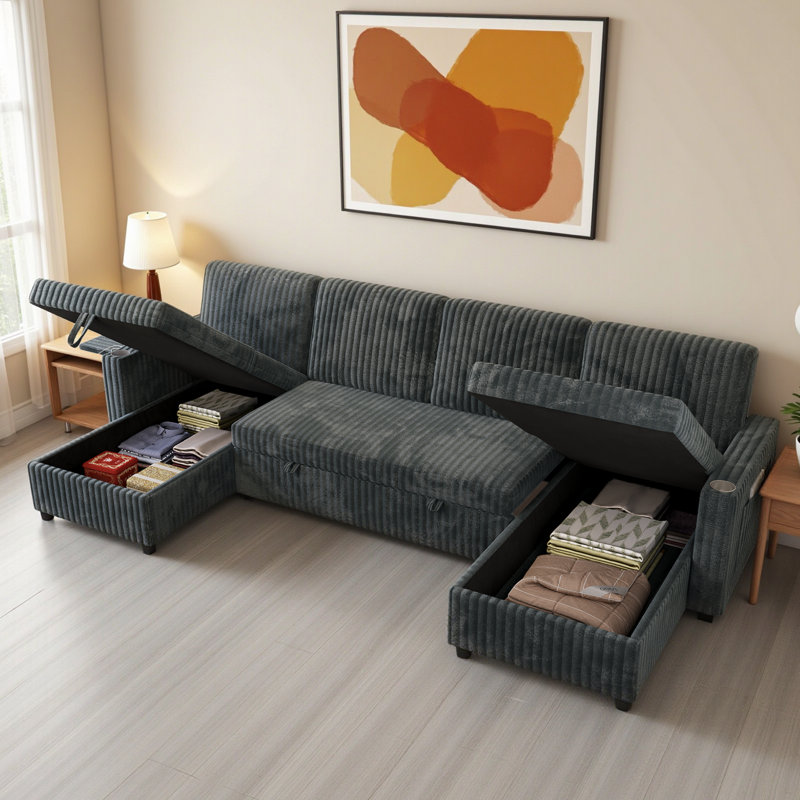 Canapé-lit modulaire convertible de 110,63 po avec lit escamotable et méridienne double avec rangement, canapé en U pour le salon, gris