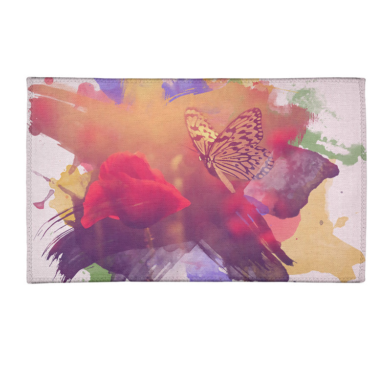 Tapis rouge/jaune/bleu à papillon classique et rose, Rectangle 3 pi x 5 pi