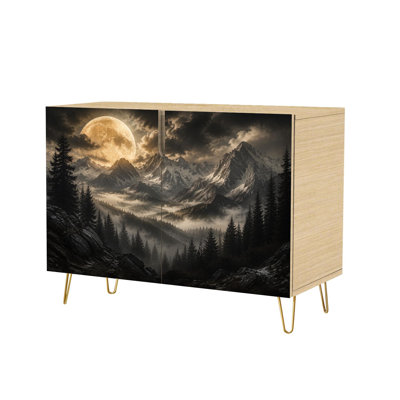 Buffet à deux portes avec rangement dissimulé, décor montagneux (pleine lune, sommets enneigés, forêt de pins brumeuse). Mobilier multifonctionnel pour salon, cuisine ou coin café.