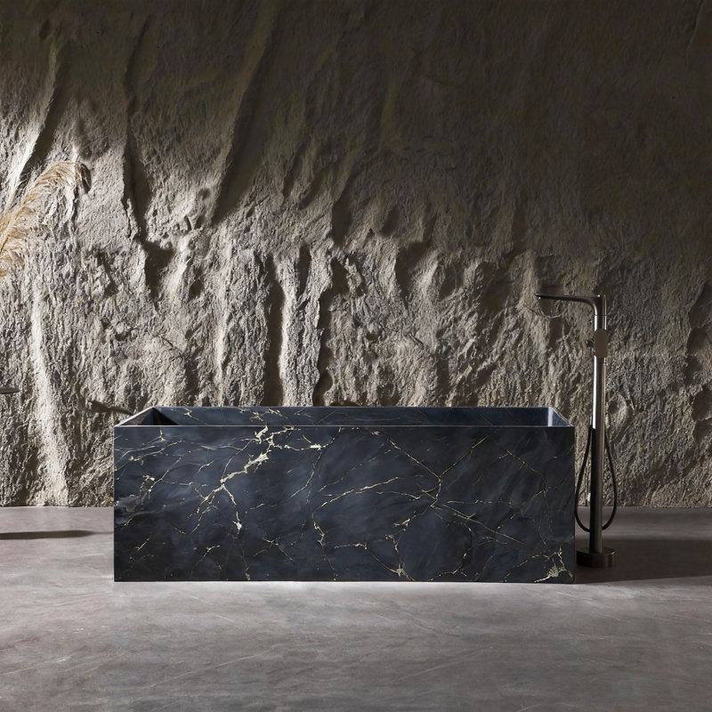 67" Freestanding Rectangular Engineered Stone Tub – Dark Gray Marble-textured Soaking Bath With Sloped Backrest
