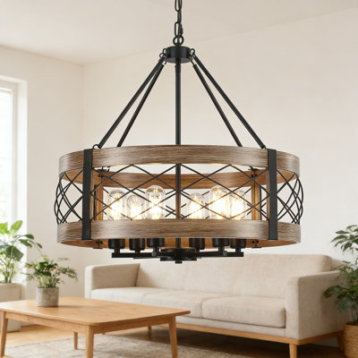 Farmhouse Chandelier Rustic 6-Light Drum Pendant, Vintage Wood And Black Grid Design, Adjustable Hanging Light Fixture For Dining Room Kitchen Island Living Room Entryway