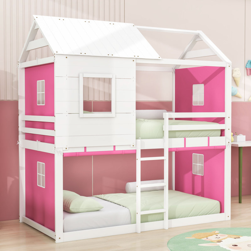 Lit superposé Playhouse avec conception de fenêtre élégante et garde-corps, Lit superposé simple sur simple, Rose/Blanc