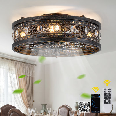 Ventilateur de plafond victorien vintage de 50 cm avec éclairage et télécommande/application, style ferme, encastré, en cristal, pour chambre ou salle à manger.