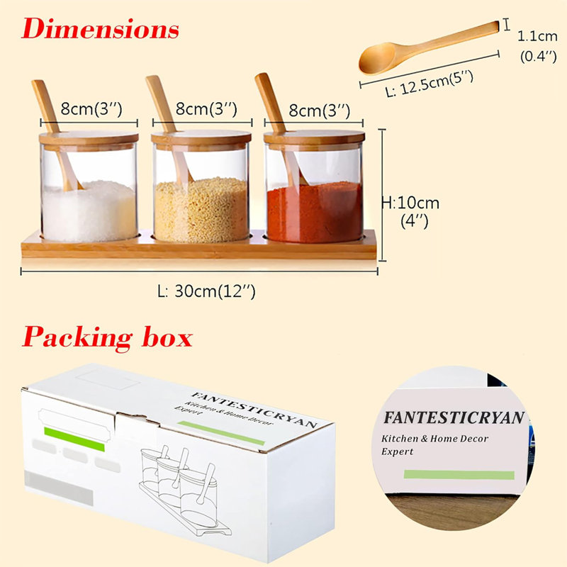 3 PCS Stylish Simple Condiment Canisters Pots Set, Decorative Storage Seasoning Glass Container Box With Bamboo Spoon Lid And Base For Home Kitchen Café Storing Salt Sugar Pepper Spice