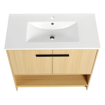 Bathroom Vanity With Sink, Modern Wall-Mounted Floating Curved Edges Striped Bathroom Storage Cabinet With A Drawer, Round Ceramic Basin Without Faucet, Pre-Assembled