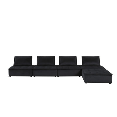 Aveline 160"W Black Velvet 5 Pc Sectional Sofa Ottoman