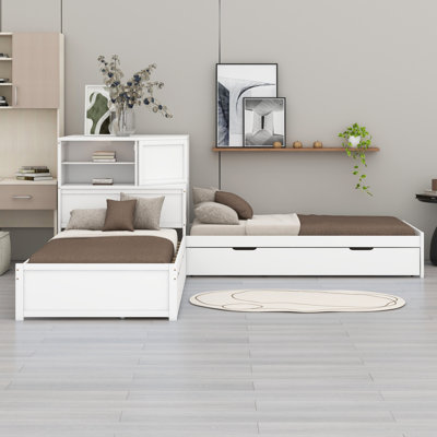 L-Shaped Combination Bed Frame with Trundle and Drawer,3-in-1 Low Corner Platform Bed Linked with Built-in Desk