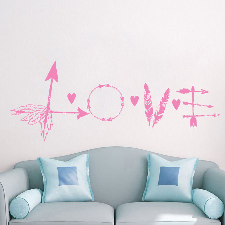 Décalcomanie murale flèche en plumes love, Rose tendre