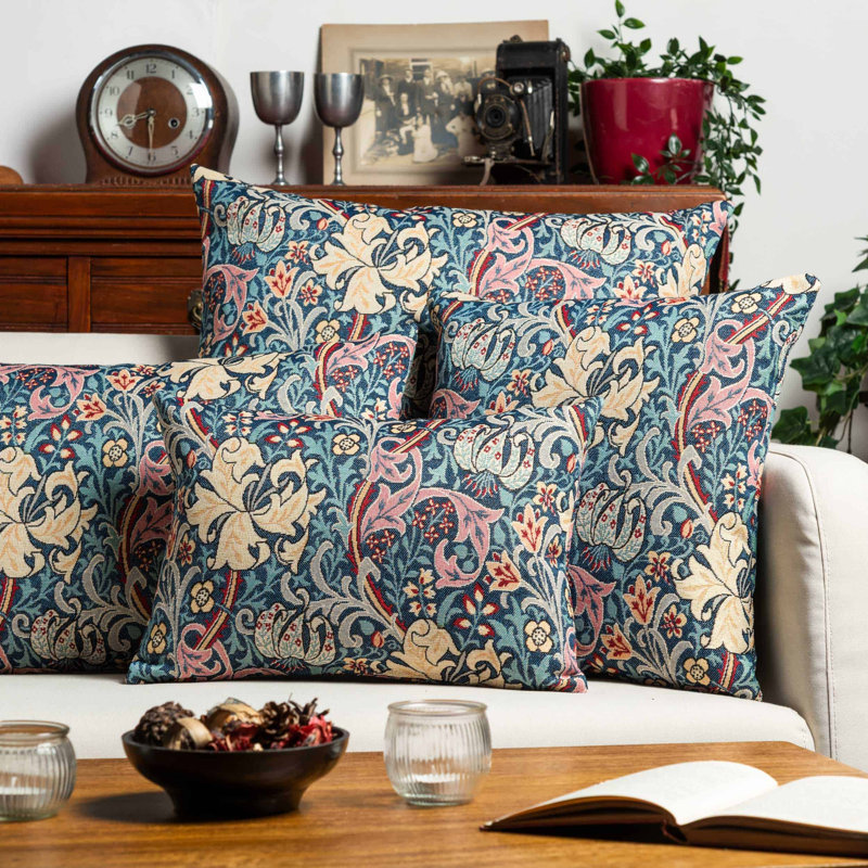William Morris Golden Lily Tapestry Cushion in Teal Blue, 43x43cm, Synthetic filled
