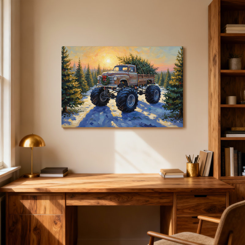 Camion de Noël rétro au coucher du soleil, H 28 po x l 40 po