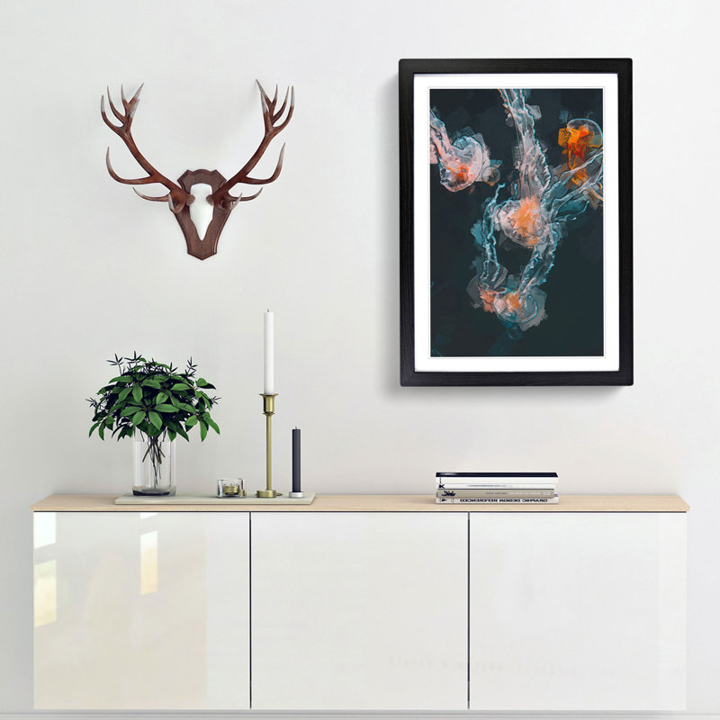 Peach Jellyfish in Abstract - Framed Print, 65cm H x 48cm W x 2cm D, Black Framed