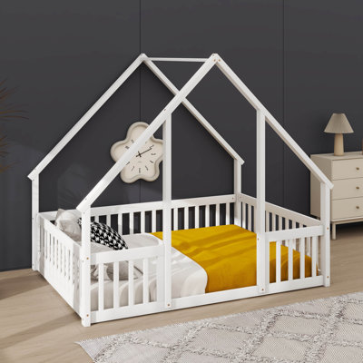 Full-Sized Wooden House-Design Low Bed With Fence