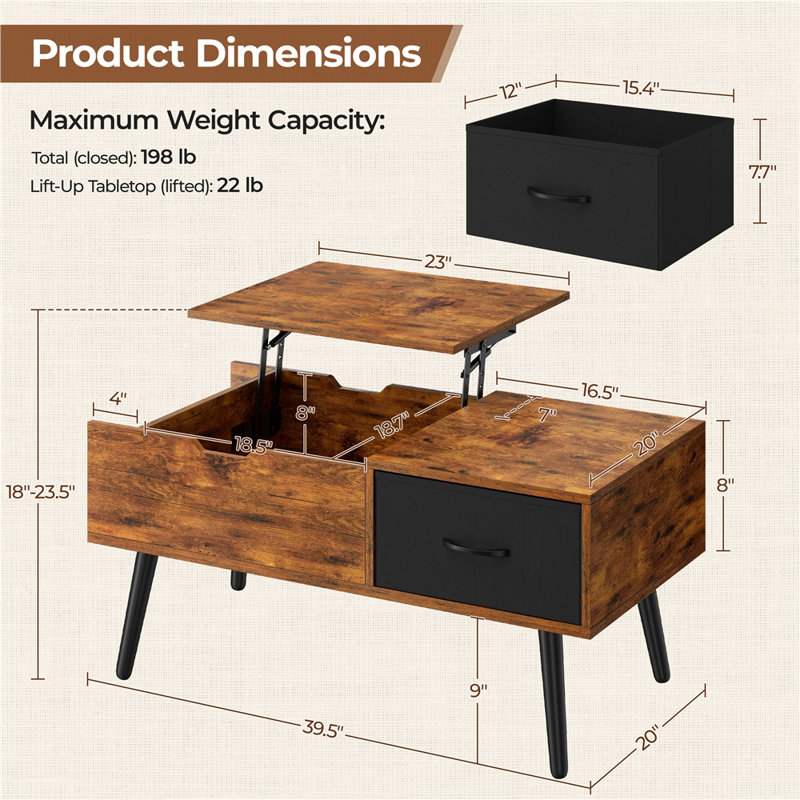 Table basse à plateau relevable avec compartiment caché, Brun rustique / noir