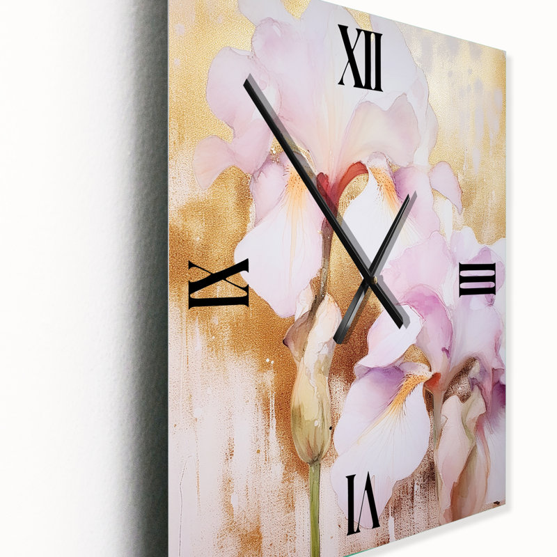 Pétales d'iris rose et or - Horloges murales très florales, Très grand