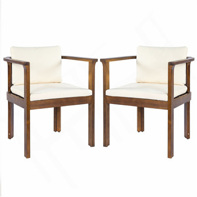 Ensemble de 2 chaises de salle à manger d'extérieur avec accoudoirs courbés en bois d'acacia, finition brune et coussins crème
