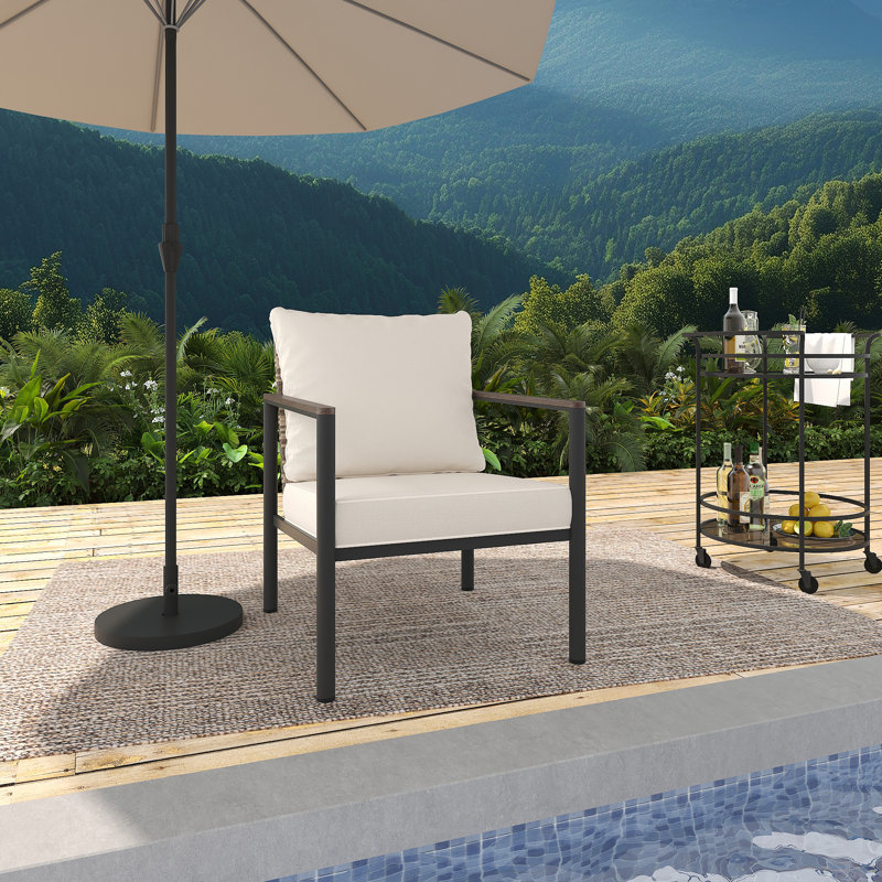 Outdoor Lounge Chair with Woven Wicker Backrest & Powder-Coated Aluminum Frame, Wood-Grain Arms, Beige