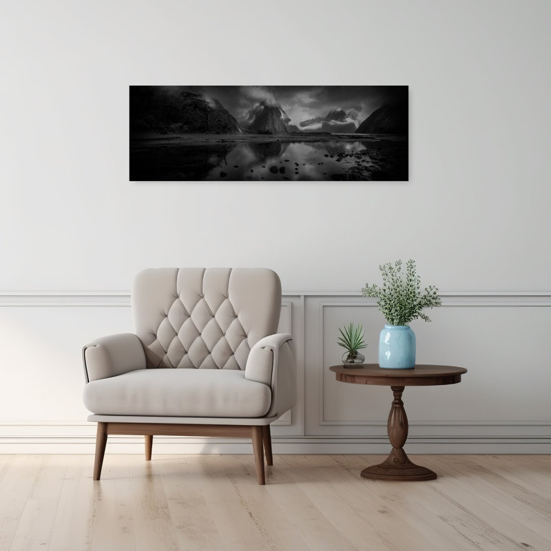 Misty Mountain Reflections Dramatic Serene Abstract Forest Landscape Art mural, H 12 po x l 36 po