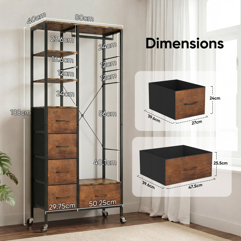 80cm Rolling Portable Wardrobe, Wood Grain