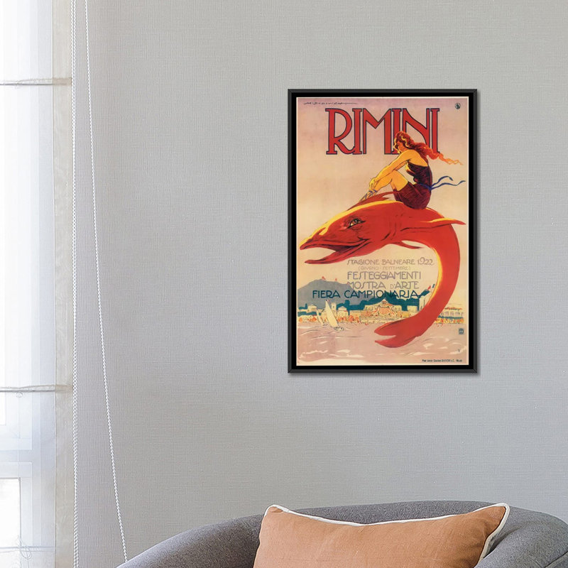 « rimini », affiche rétro sur toile, H 26 po x l 18 po x P 1,5 po, Toile avec cadre noir, Pas de tapis