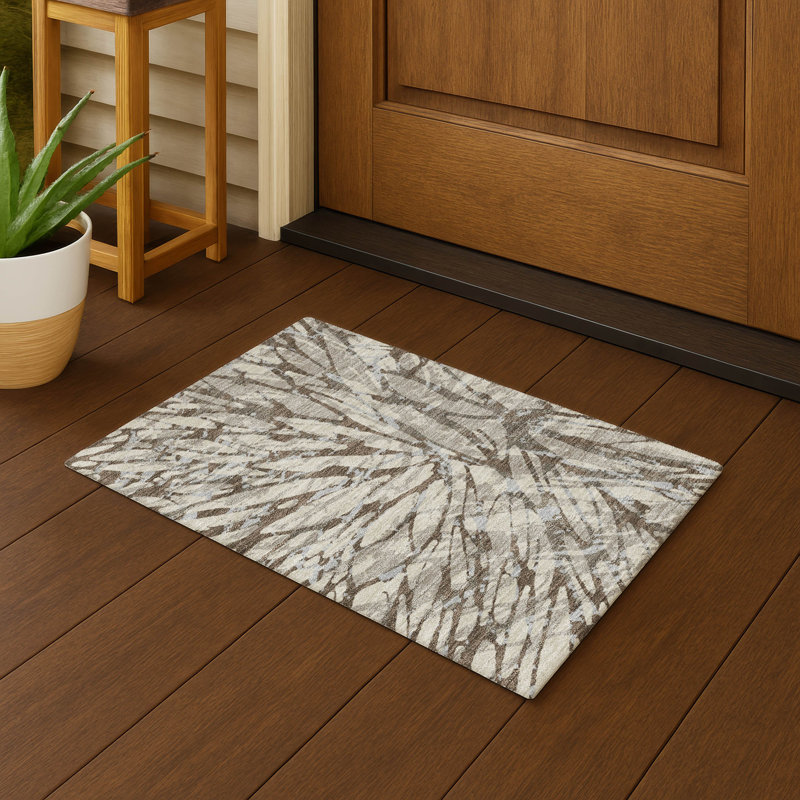 Tapis abstrait lavable à la machine intérieur / extérieur ACN2651, Taupe, 1 pi 8 po x 2 pi 6 po