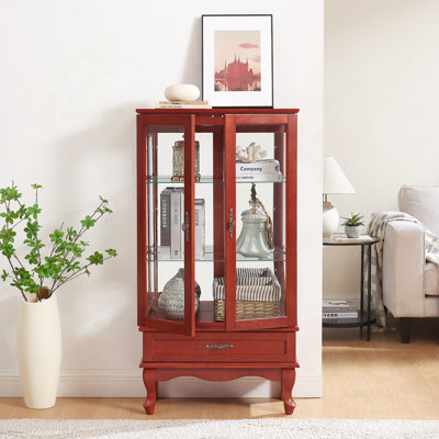 Vitrine lumineuse en verre avec tablettes réglables, deux portes et un tiroir pour une décoration polyvalente et un rangement efficace