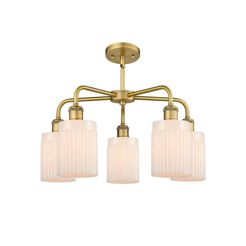 Lustre cylindrique à 5 lumières en acier à intensité variable Neco, Blanc mat, Laiton brossé