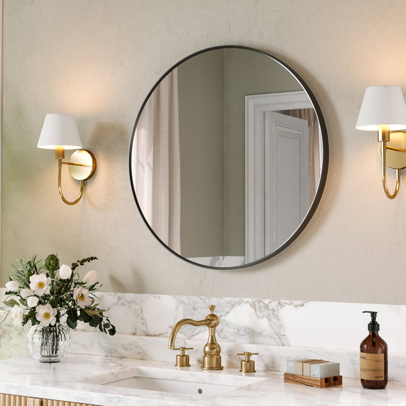 28 Inch Bathroom Mirror Wall Mounted Hanging Mirror Aluminum Round Bathroom Vanity Mirror For Hallway Entryway Living Room