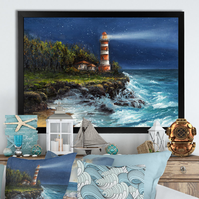 Phare de nuit - reproduction d'art sur toile, Cadre noir, H 8 po x l 12 po x P 1 po