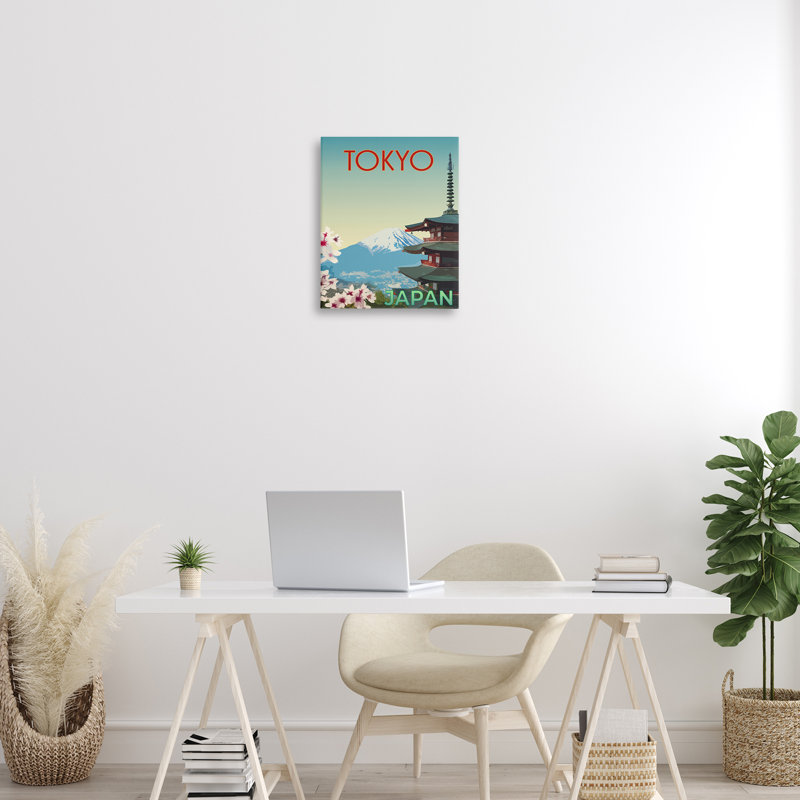 Toile rétro de paysage de Tokyo, design par Victoria Barnes, H 20 po x l 16 po