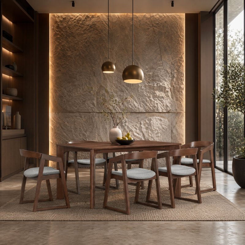 Solid Wood Dining Set, Walnut, 6