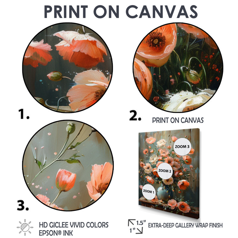 Rose, gris, coquelicots, fleurs, nature morte, charme III - coquelicots, art mural, H 32 po x l 24 po x P 1 po