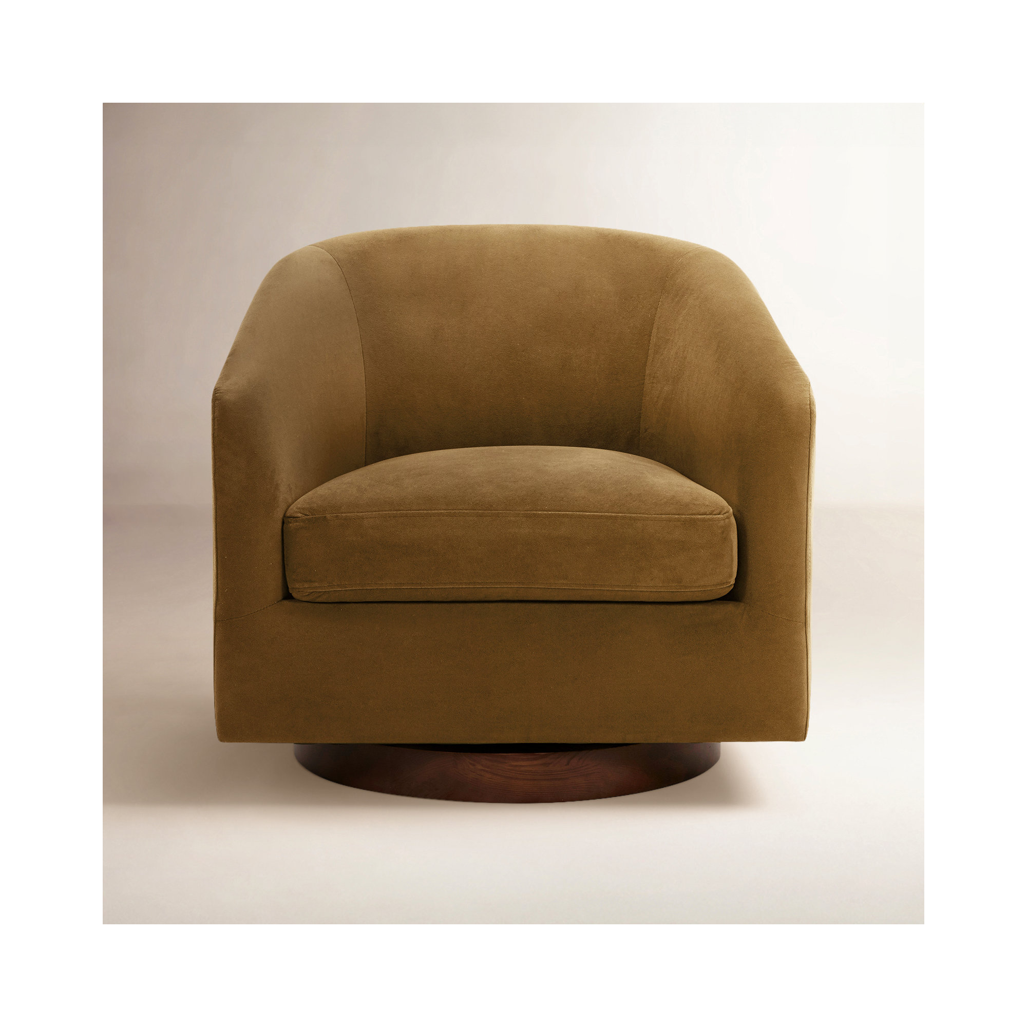 Bennett Upholstered Swivel Barrel Chair, Soren Ochre Performance Velvet