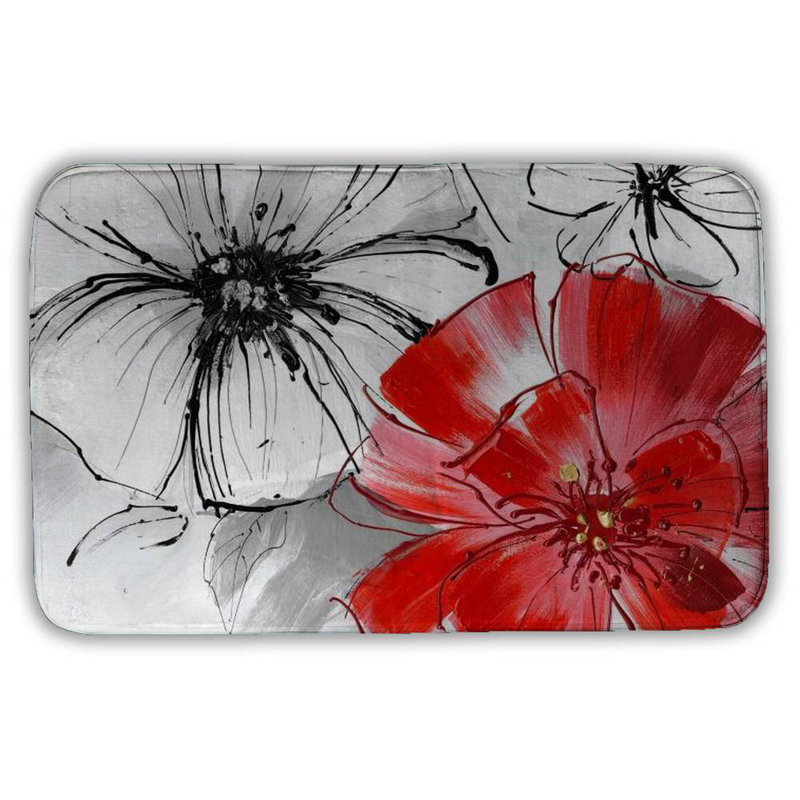Red & white flowers sketch Bath Mat with Non-Slip Backing - Quick Dry Memory Foam Bathroom Rug - Absorbent - Modern Plush Spa-Style - Machine Washable