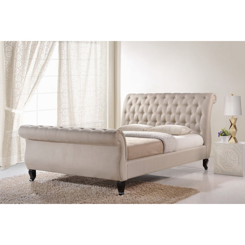 Vidette Upholstered Sleigh Bed, Light Beige, Queen