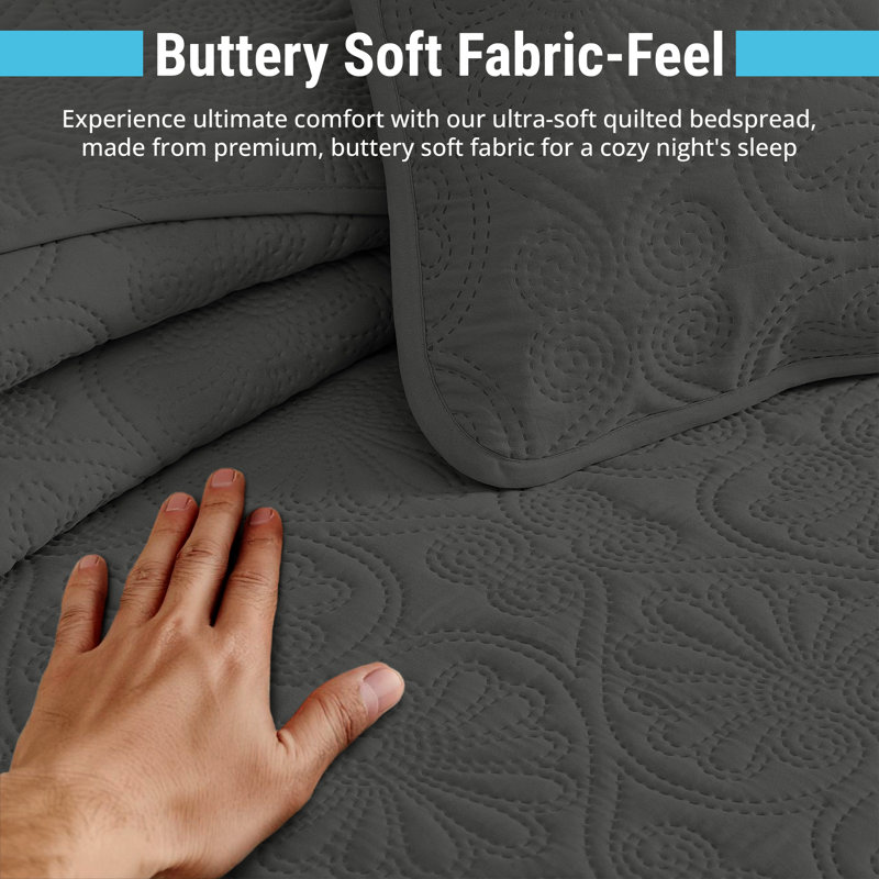 HLC.ME Benji - 3 Piece Quilt Set, Lightweight Bedspread Coverlet Quilt, Queen Quilt + 2 Standard Shams, Charcoal Gray
