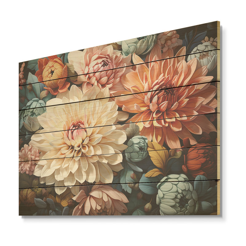«Mums Charm in Winter - Mums», art sur bois de pin naturel, H 10 po x l 20 po