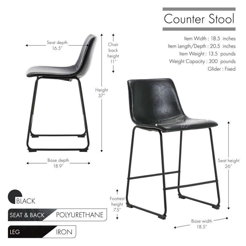 Tabouret Kaylee, Noir, Tabouret de comptoir (siège d'une hauteur de 26 p