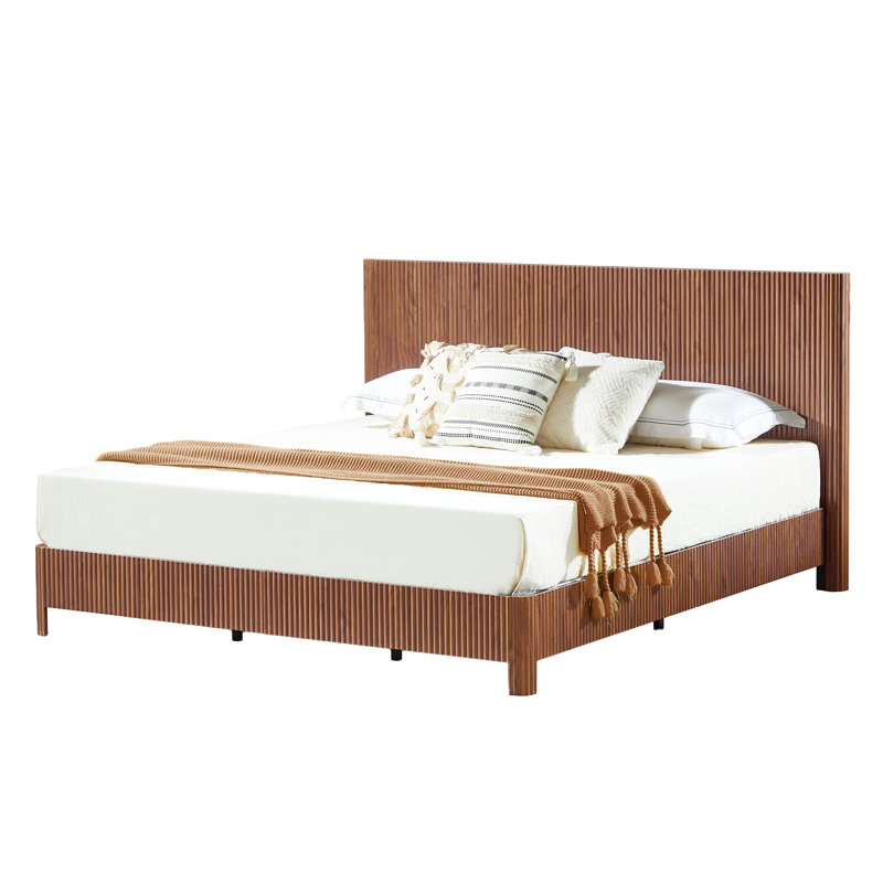 Geyra Modern LED Platform Bed Frame with Curved Wood Panel Design and Upholstered Headboard, Walnut