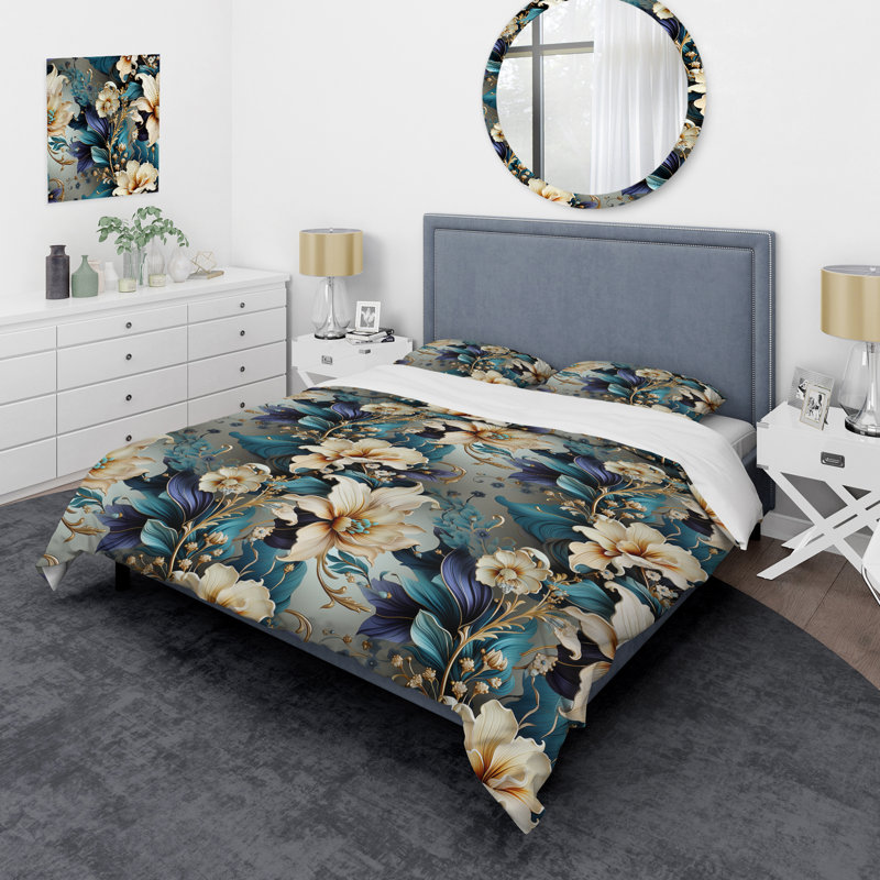 Ensemble de housse de couette floral blanc et doré Elegant Flowers Delight, Housse de couette simple + 1 taie décorative stan