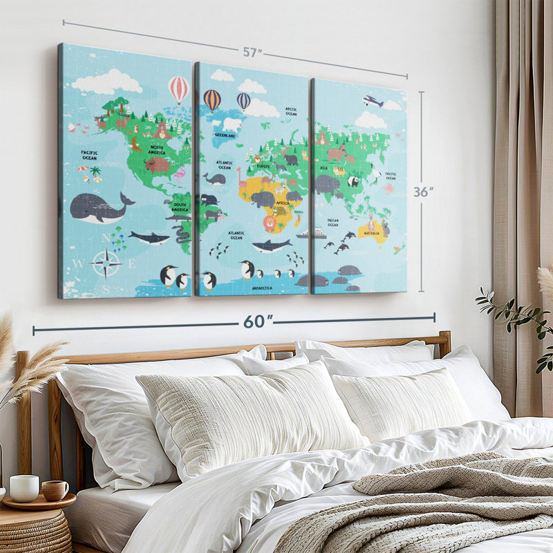 "Carte du monde pour enfants" sur toile, H 36 po x l 57 po x P 1,25 po