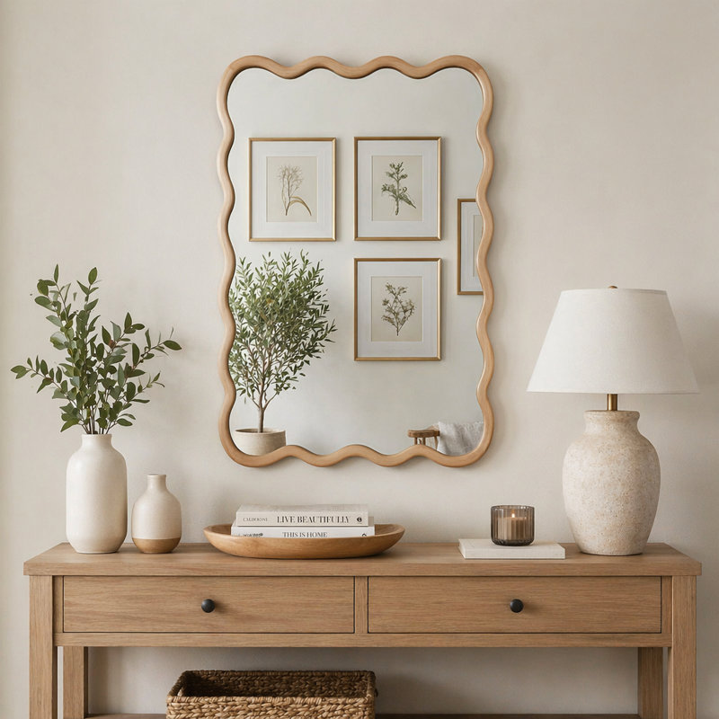 Wavy Rectangle Solid Wood Frame Decorative Mirror For Bedroom, Bathroom, Living Room, Entryway, 36" x 24", Natural