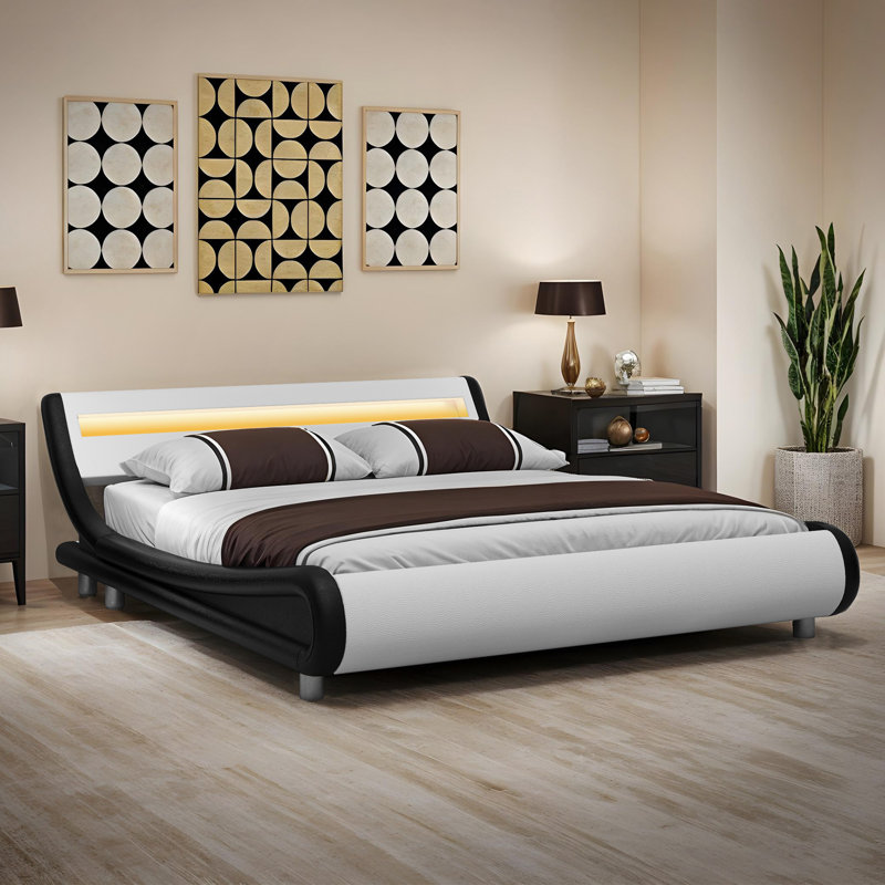 King Bed Frame Upholstered Led Bed Frame With Lights & Storage Charging Station
