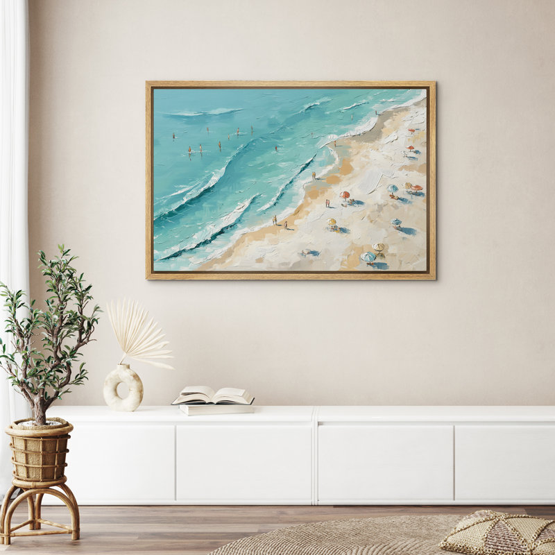 Vue aérienne de la plage d'été, vagues et parapluies, vue sur la mer, H 24 po x l 36 po x P 1,5 po, Naturel