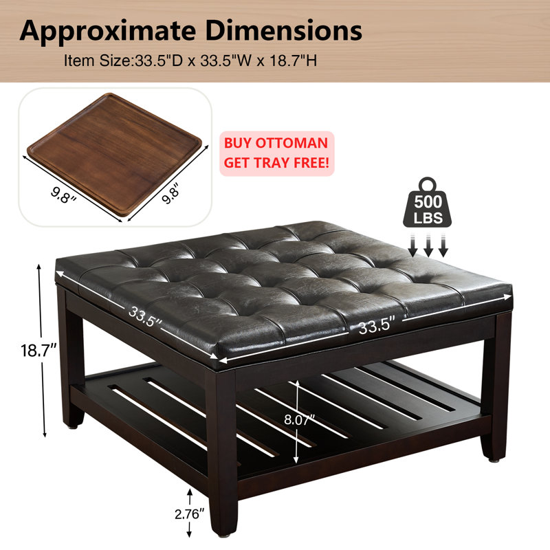 33.5" Wide Tufted Square Cocktail Ottoman With Free Tray, Dark Brown Faux Leather